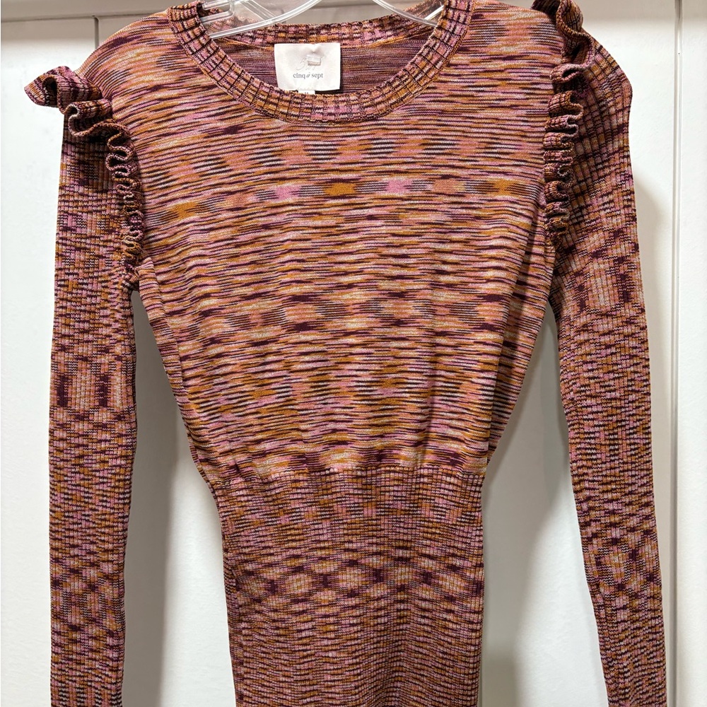 CINQ A SEPT Top Size Medium Orange Stripe Salma Ruffle Shirt Stretch Sweater EUC